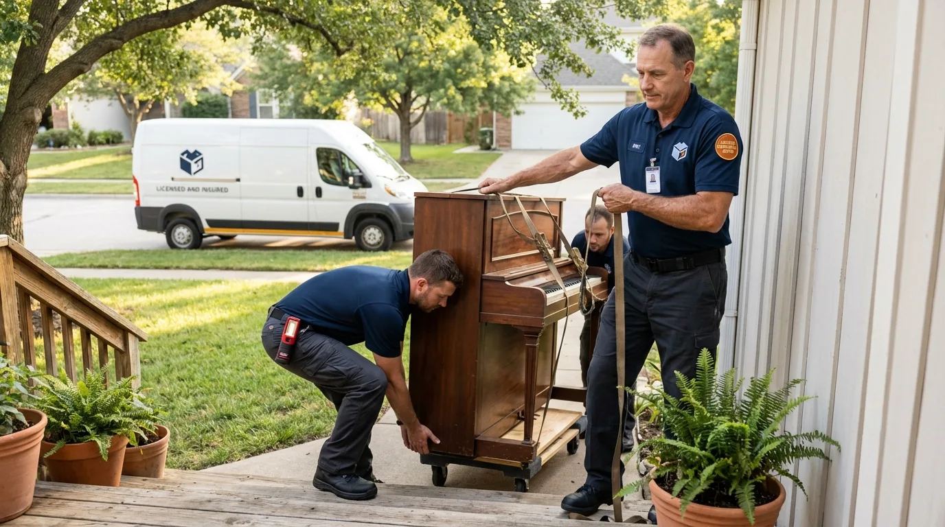 Licensed piano movers securing grand piano in Newington, CT