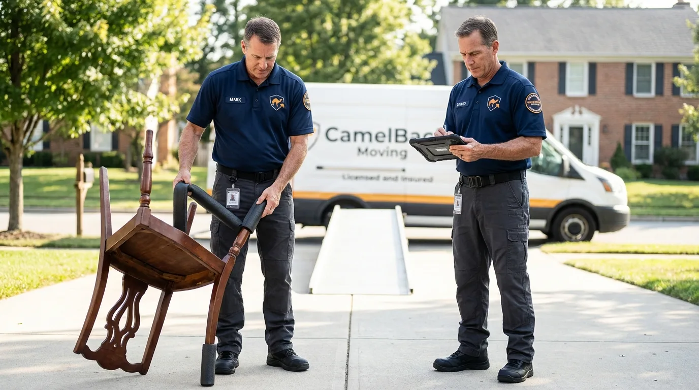 Movers inspecting furniture for damage prevention before loading in Newington, CT