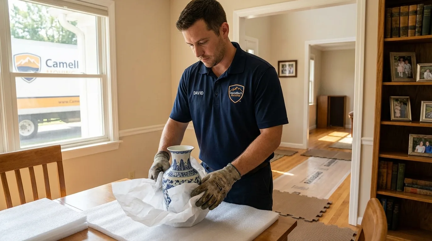 Professional crew carefully wrapping antique vase for senior downsizing move in Newington, CT