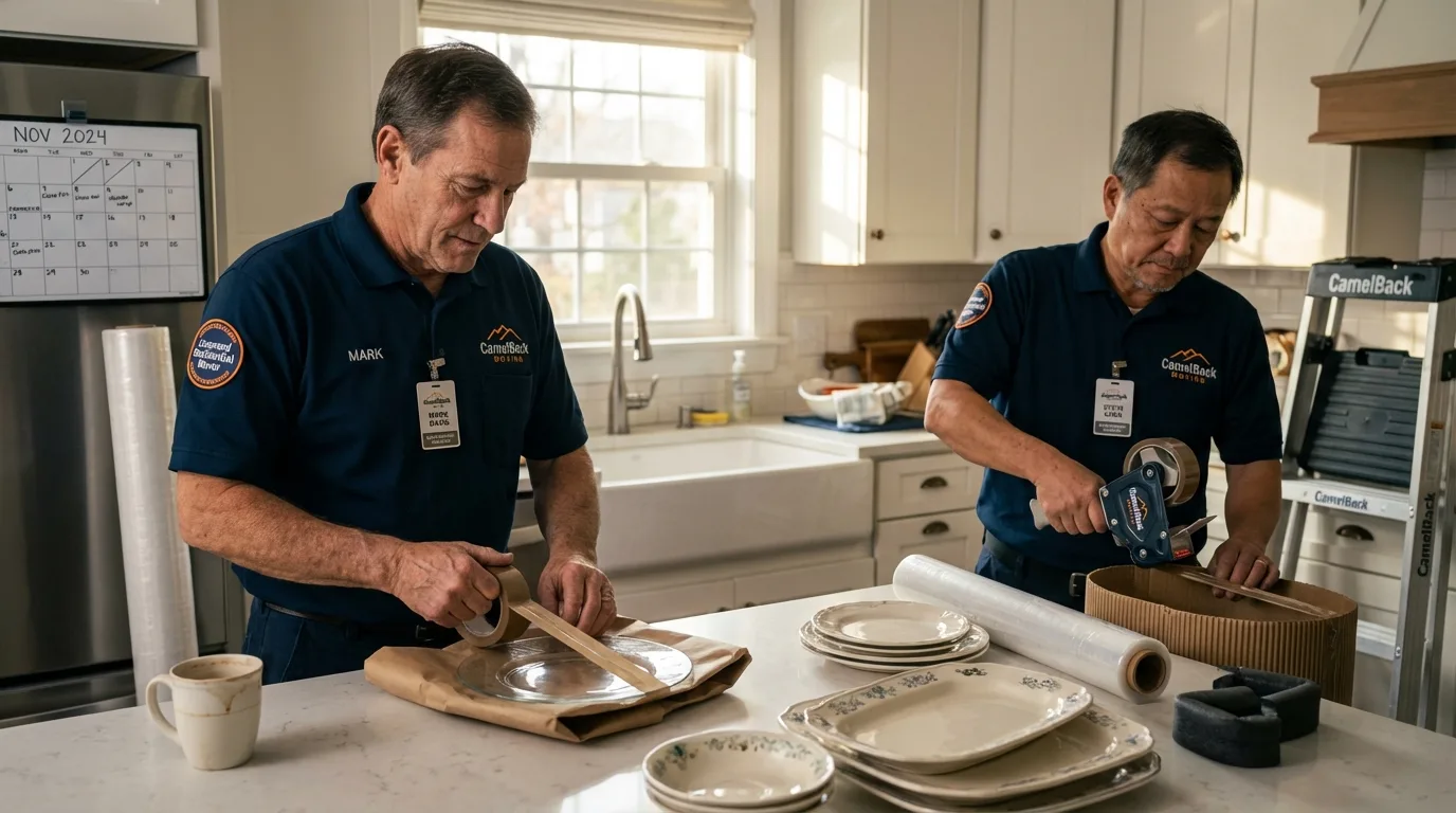 Professional crew packing kitchen dishware in Newington, CT